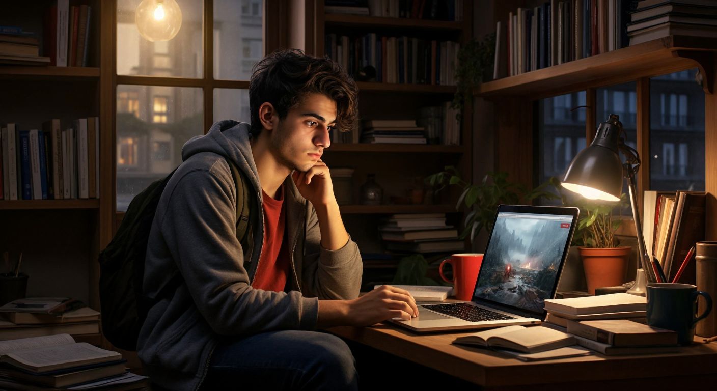 A young Turkish student in a cozy study nook, surrounded by books and a laptop, looking slightly anxious while checking a university website on their screen.
