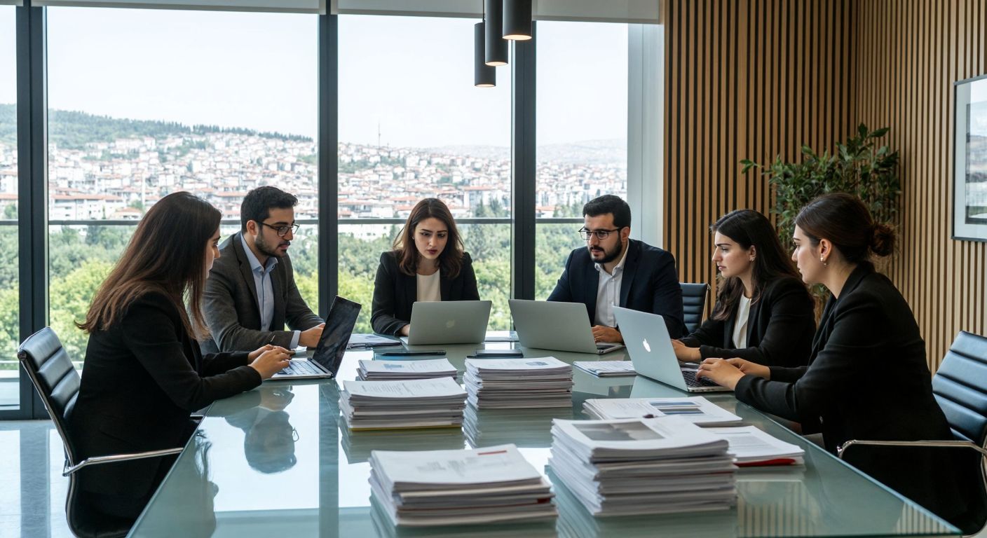 A group of professional journalists in a modern Turkish office, intently discussing industrial news with stacks of reports and laptops on a sleek glass table.