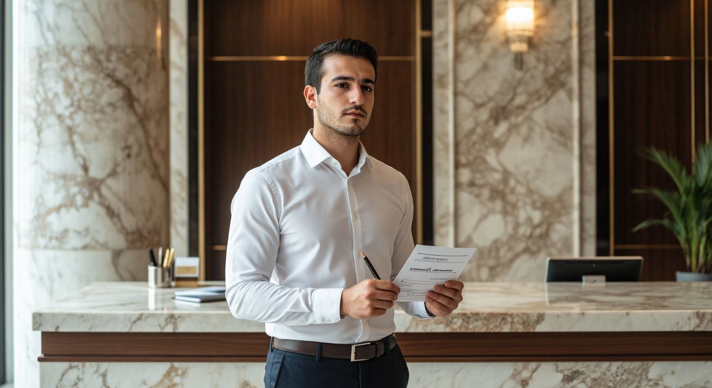 A Turkish businessman in a crisp white shirt and dark trousers thoughtfully holds a signed check against the backdrop of a marble-countered bank lobby, with a fountain pen resting nearby.