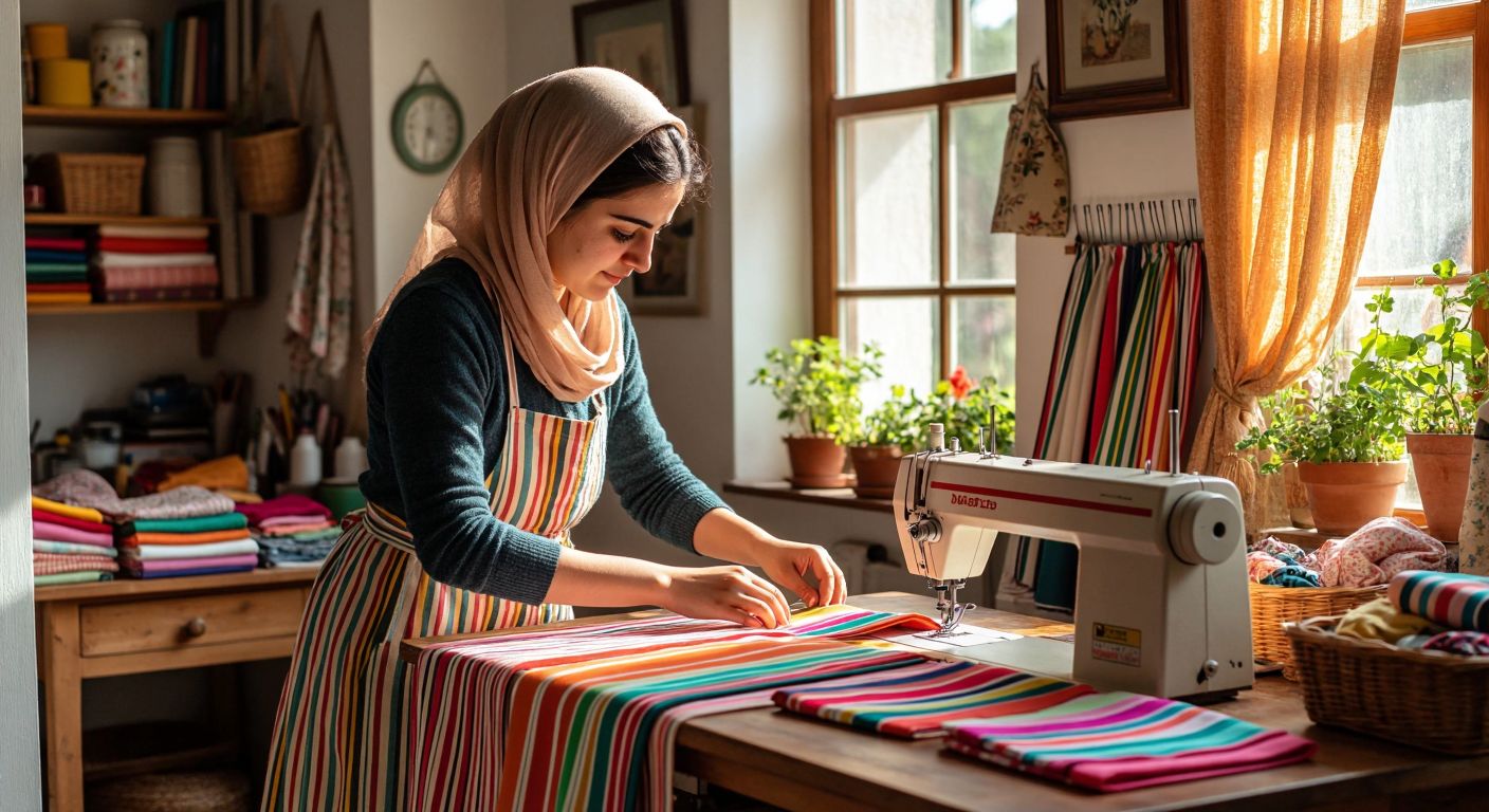 A Turkish woman in a cozy, sunlit sewing room carefully feeds striped fabric through a serger machine, with colorful fabric strips neatly arranged on a wooden table beside her.