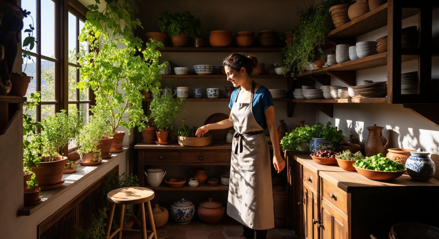 A wooden stool stands in a sunlit Turkish kitchen, surrounded by colorful ceramic bowls and fresh herbs, while a smiling woman in an apron reaches for a high cabinet shelf.