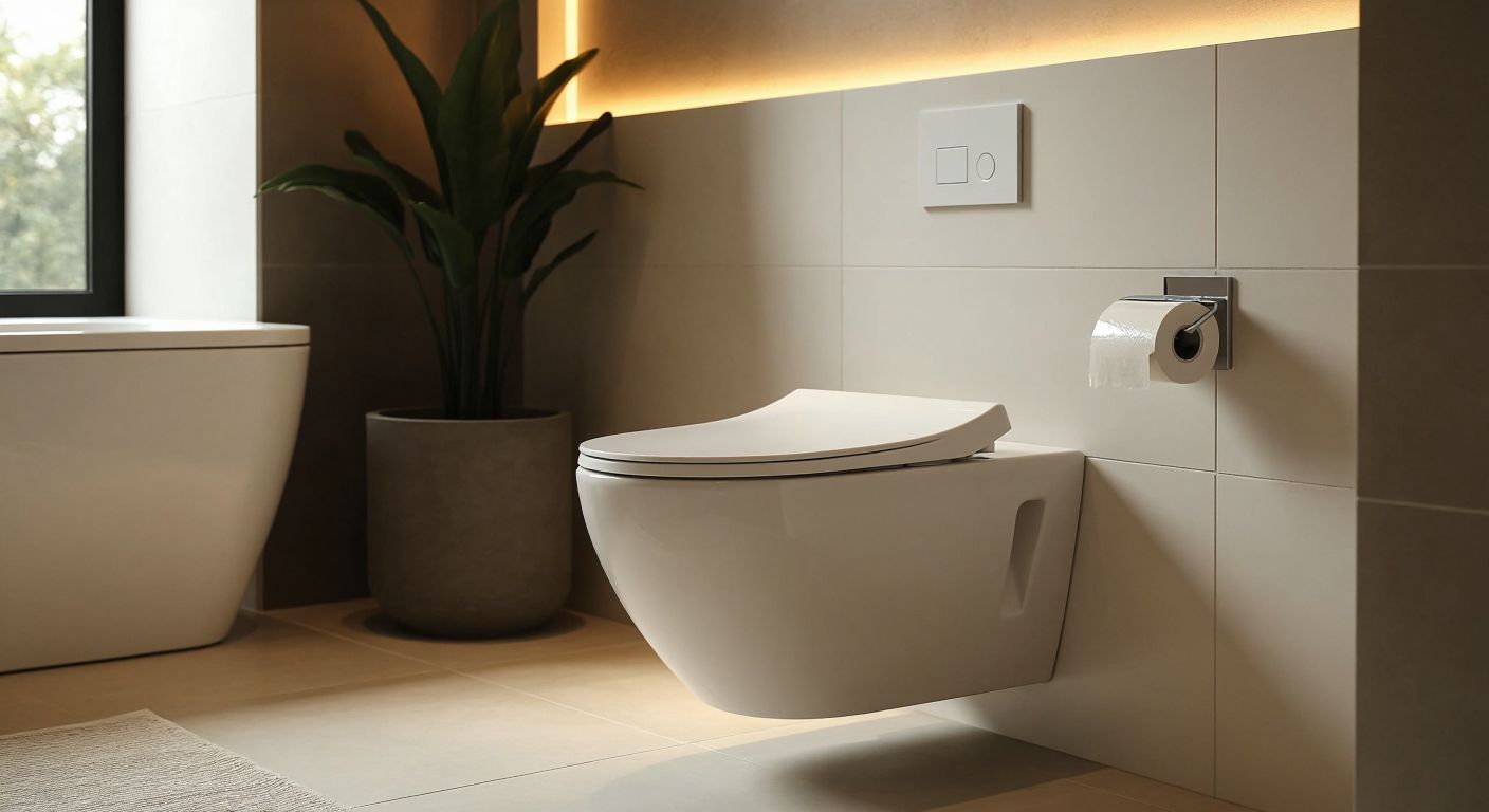 A sleek, modern wall-mounted toilet (asma klozet) with clean lines and no floor contact contrasts with a traditional floor-standing toilet (normal klozet) in a minimalist Turkish bathroom with white tiles and warm lighting.