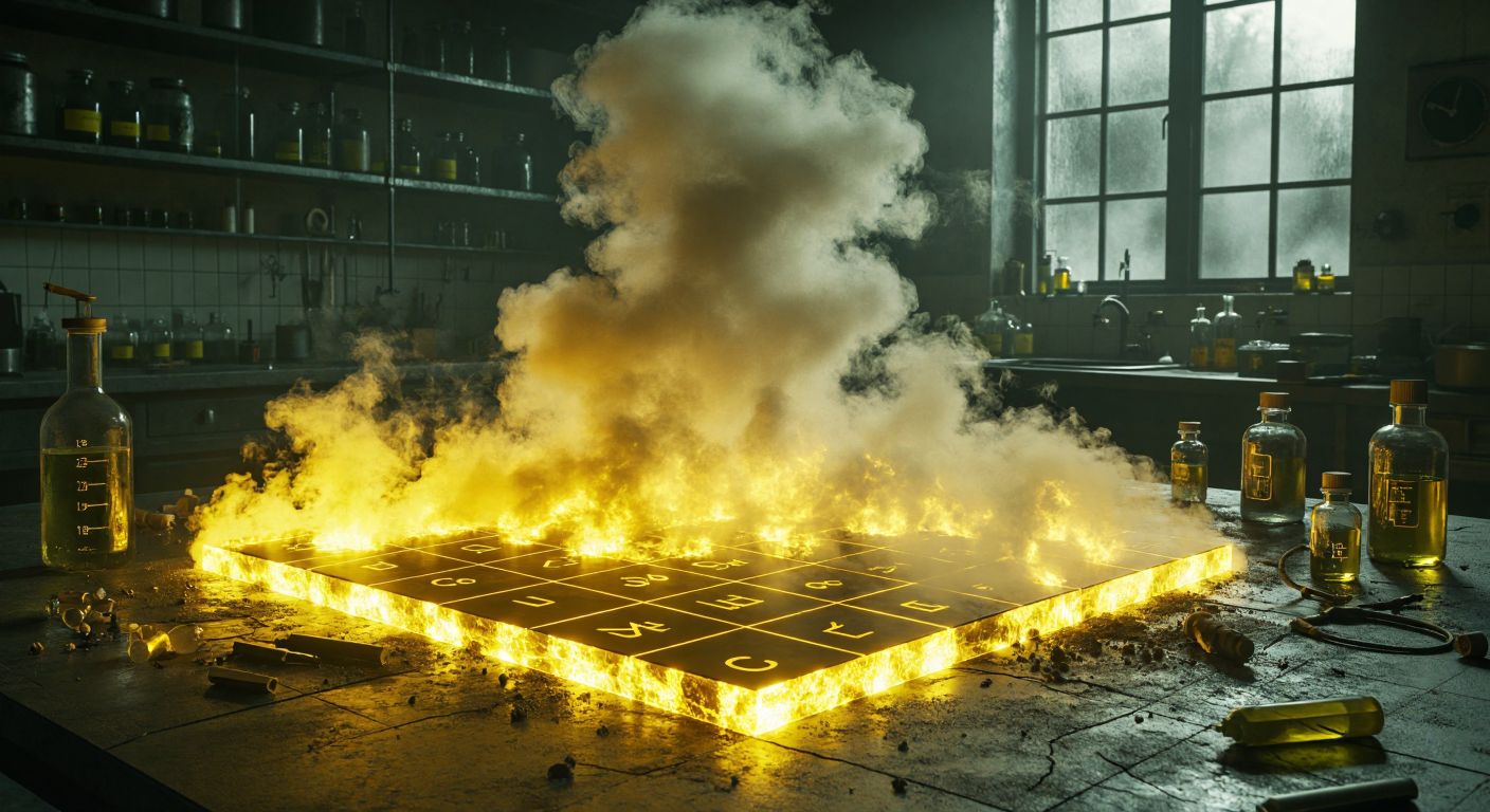 A glowing, cracked periodic table with ominous dark smoke rising from radioactive, toxic, and explosive elements like uranium, mercury, and chlorine trifluoride, set against a shadowy laboratory backdrop.