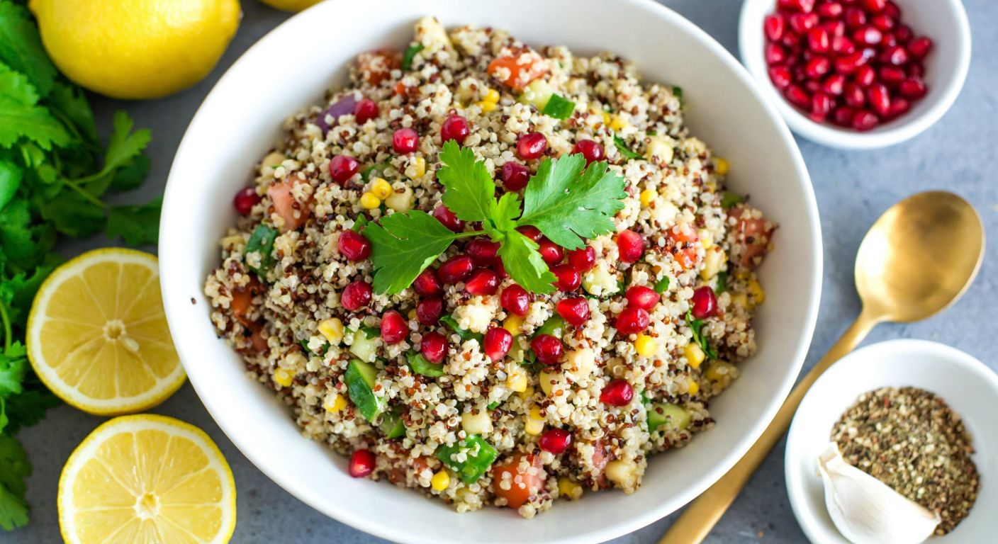 A vibrant bowl of quinoa salad in Turkey, drizzled with golden olive oil and tangy pomegranate molasses, surrounded by fresh lemon slices, crushed garlic, and scattered spices like cumin and black pepper.