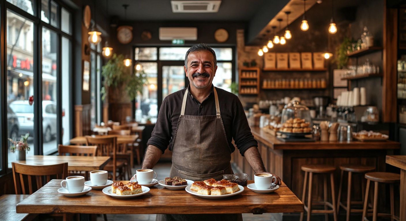 A cozy café with warm lighting, wooden tables, and a smiling middle-aged Turkish man in an apron standing proudly behind the counter, surrounded by steaming cups of Turkish coffee and plates of baklava.