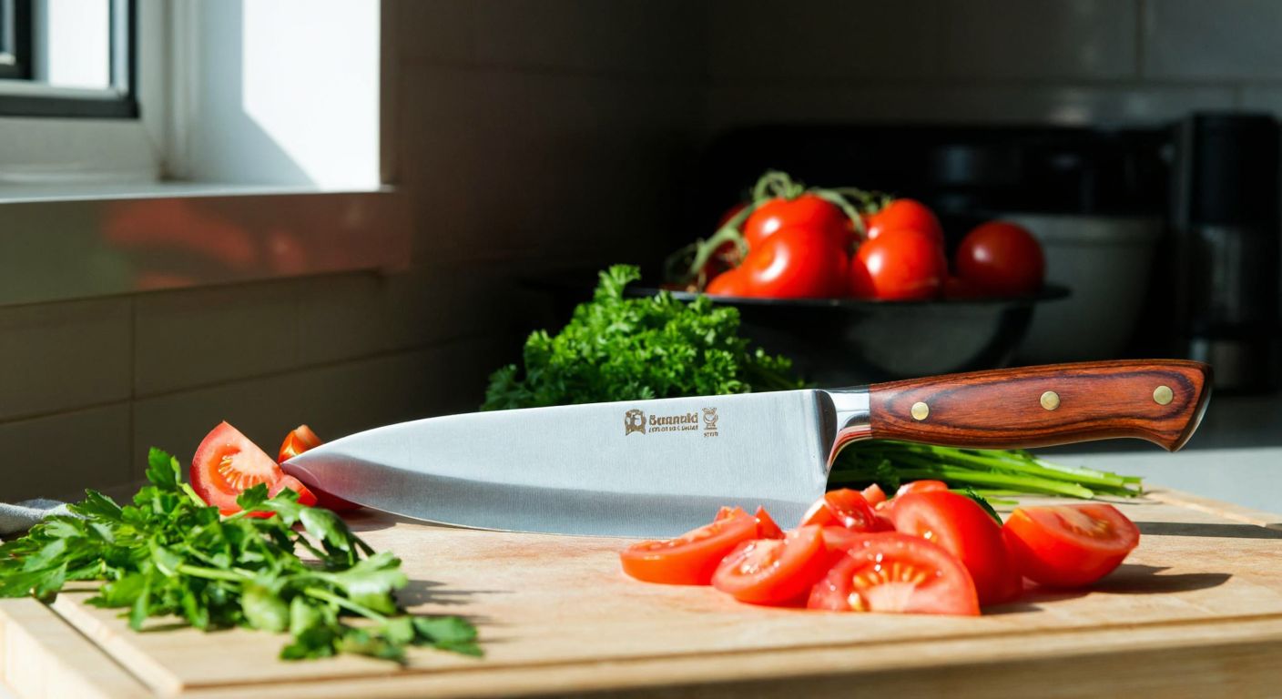 A gleaming stainless steel chef's knife with an ergonomic wooden handle rests on a cutting board beside freshly chopped tomatoes and herbs in a sunlit Turkish kitchen.