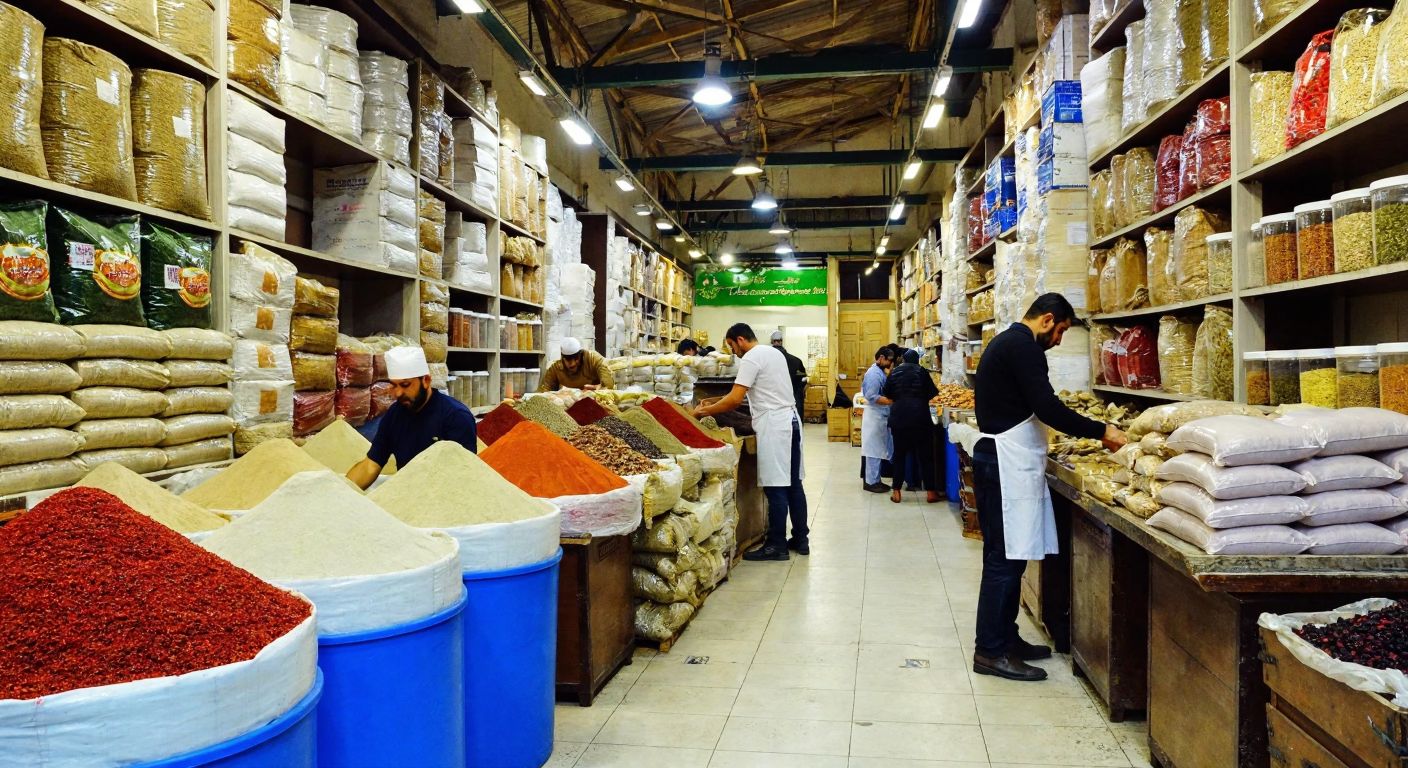 A bustling Turkish marketplace in Konya with sacks of spices and grains stacked high, while workers in white aprons package fresh food in an Istanbul warehouse.