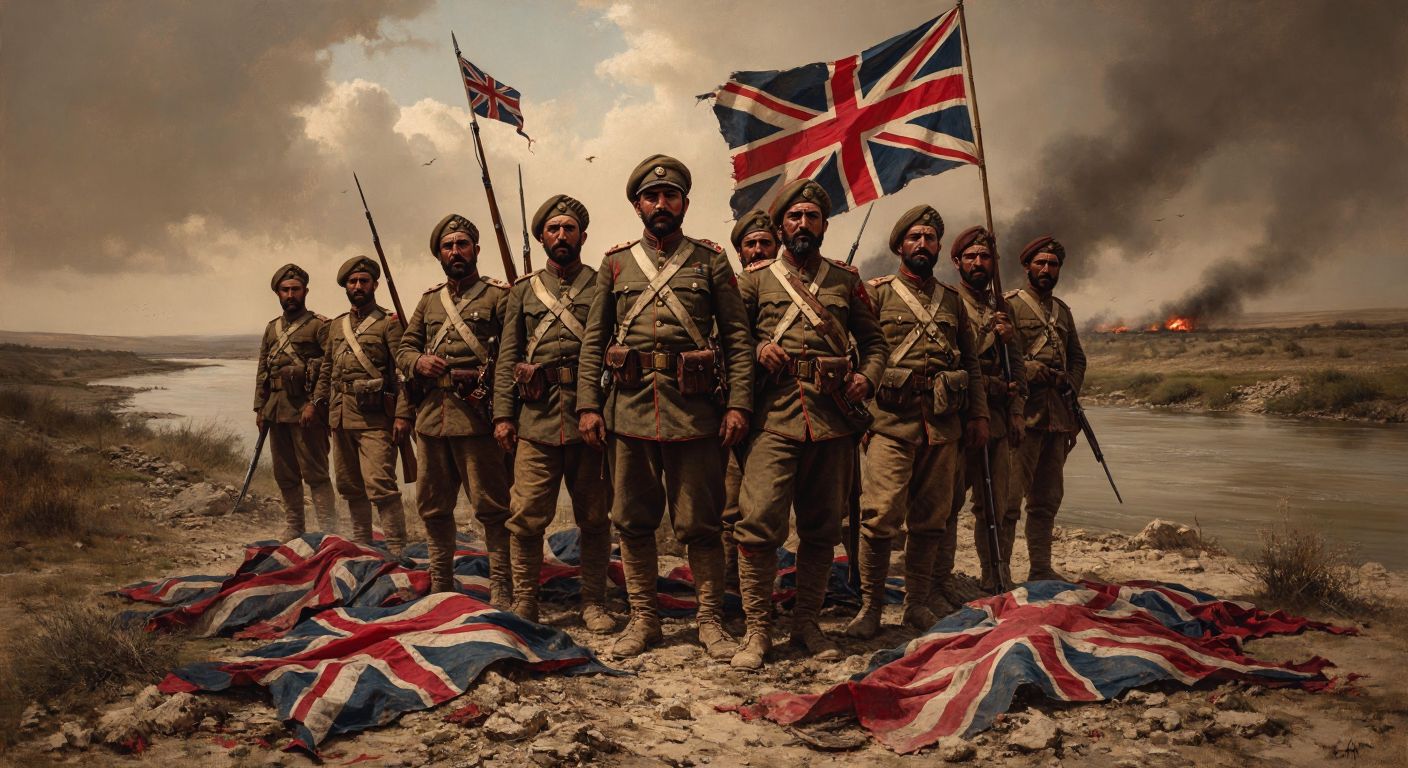 A group of determined Ottoman soldiers in dusty uniforms standing victoriously on a sun-scorched battlefield near the Tigris River, with tattered British flags lying at their feet.