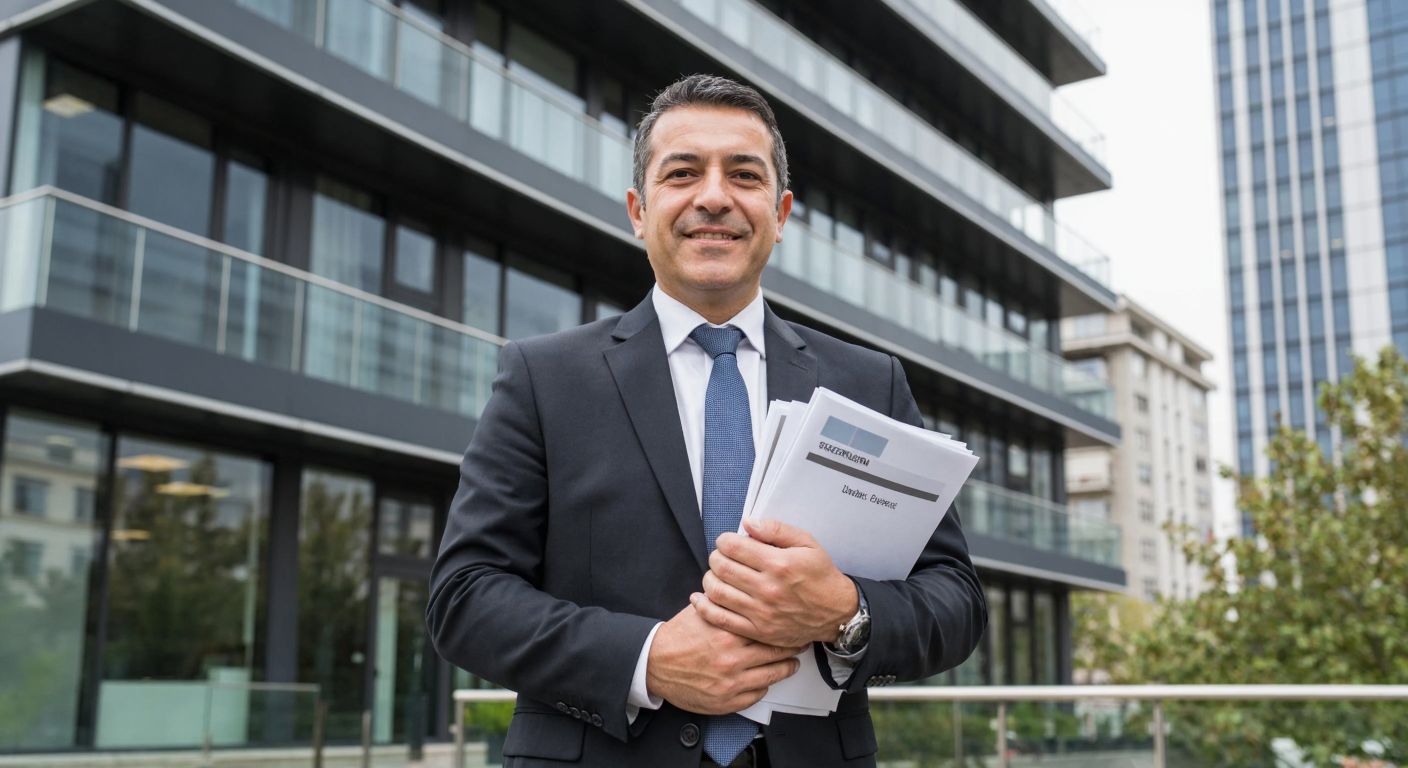 A middle-aged Turkish man in a formal suit stands confidently in front of a modern office building in Istanbul, holding a stack of insurance documents with a professional yet approachable smile.