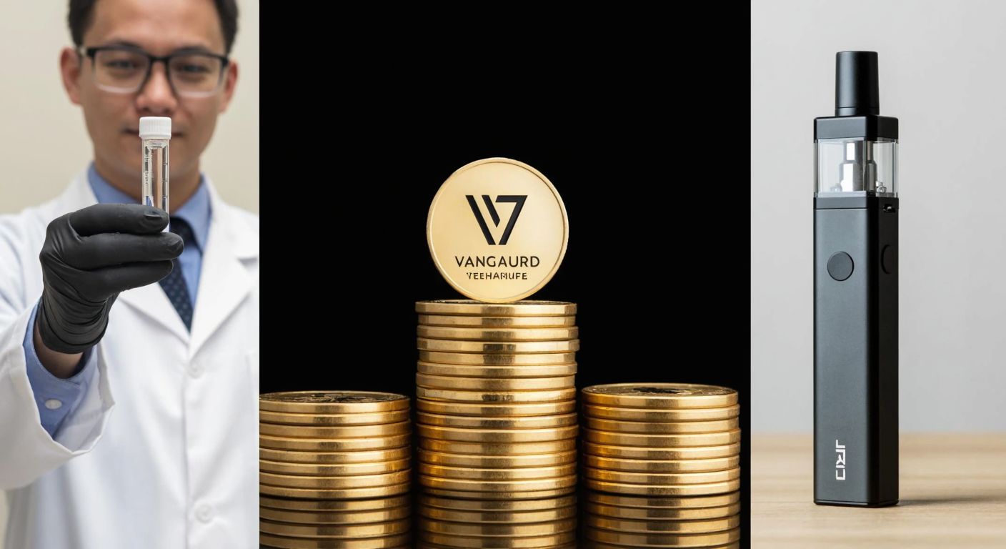 A split-image showing three distinct scenes: a scientist in a lab coat holding a test tube (representing VTV Therapeutics), a stack of golden coins with a Vanguard logo subtly embedded (for Vanguard Value ETF), and a sleek, modern vaping device on a minimalist table (for VTV Vaping).