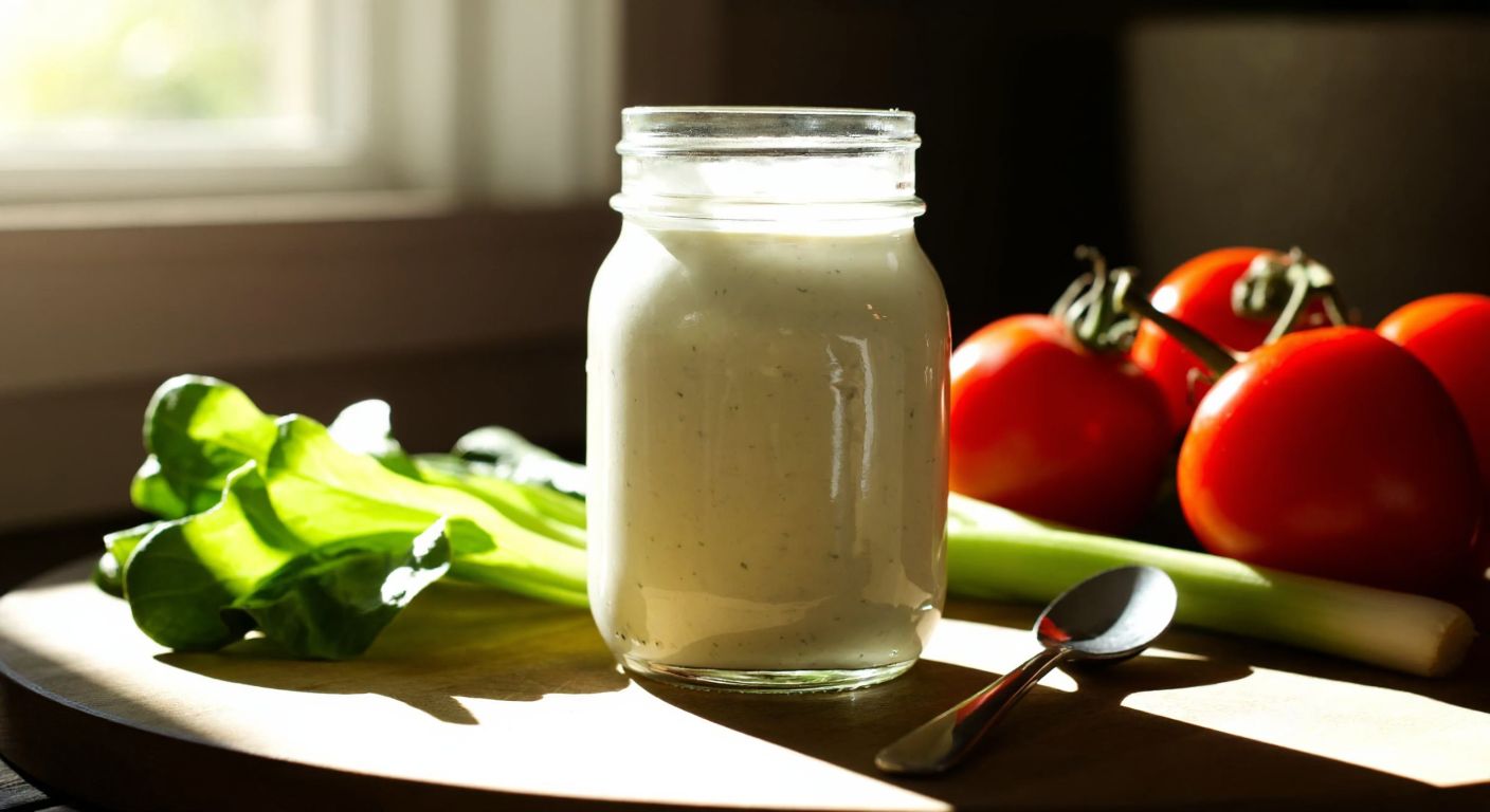 A glass jar filled with creamy white vegan mayonnaise sits on a wooden table beside fresh vegetables and a spoon, with warm sunlight streaming through a nearby window.