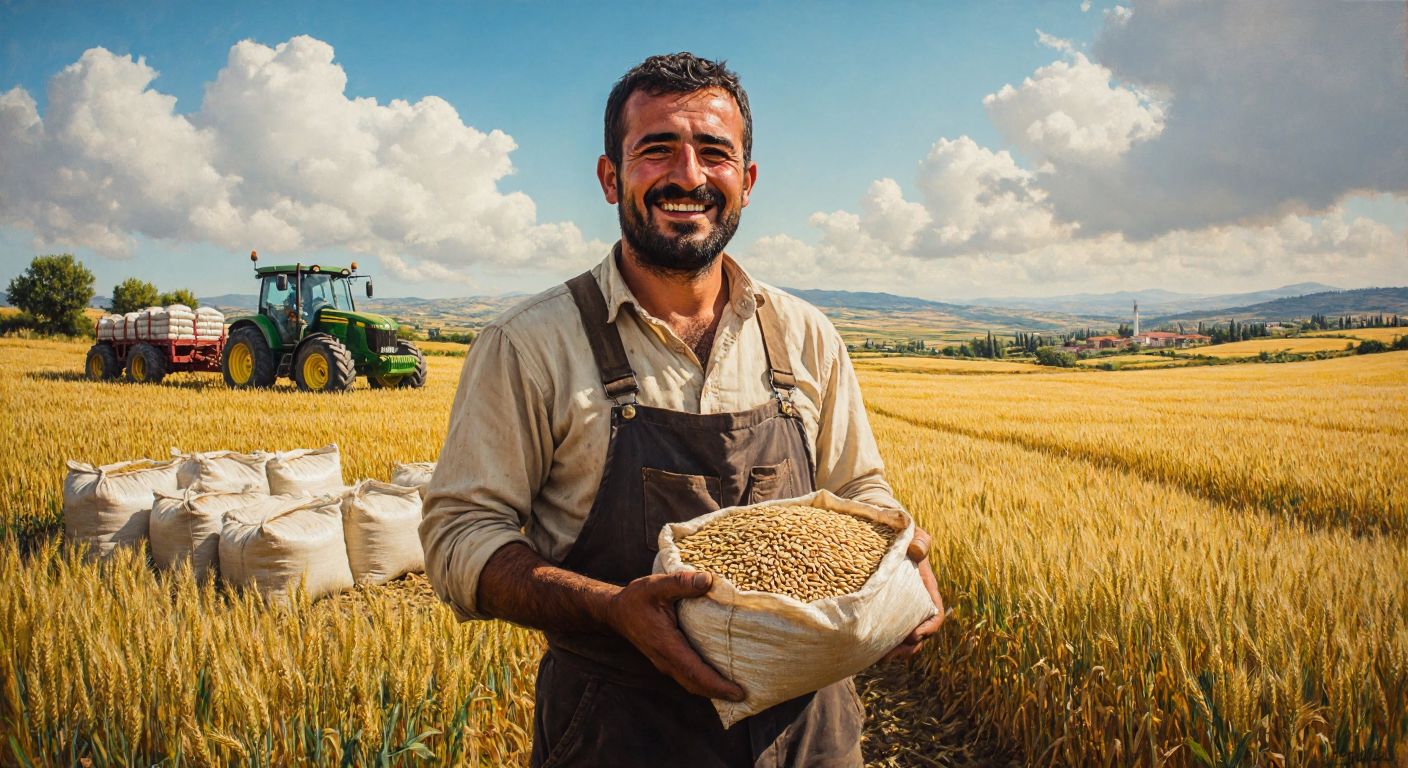 A smiling Turkish farmer in a sunlit wheat field holds a bag of seeds, with a tractor and sacks of fertilizer in the background, radiating relief and hope.