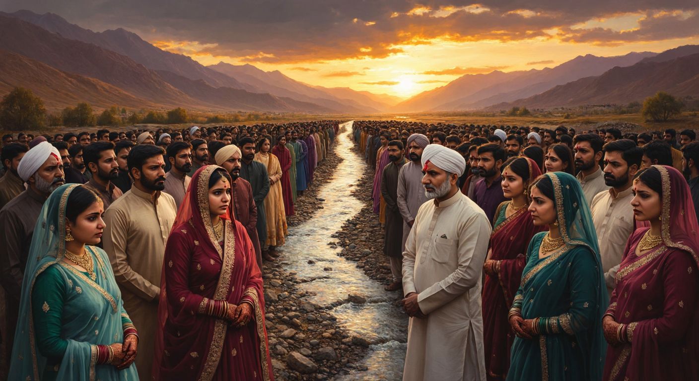 A solemn crowd of diverse people in traditional Indian and Pakistani attire stands divided by a symbolic river, with expressions of sorrow and determination, while distant mountains and a setting sun cast long shadows over the fractured land.