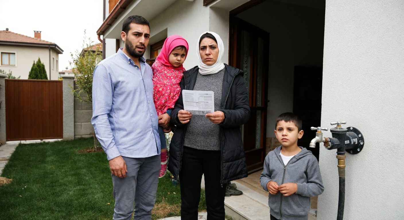 A Turkish family in Ankara stands by a water meter outside their home, looking concerned while holding a water bill, with a faucet dripping in the background.