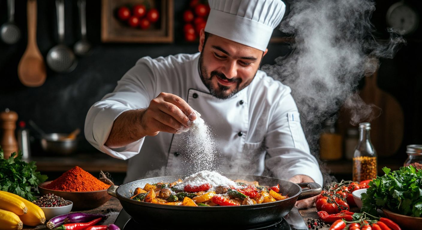 A Turkish chef sprinkling white MSG powder into a sizzling pan of sautéed vegetables, with steam rising and a satisfied expression on their face, surrounded by bowls of colorful spices and fresh ingredients.