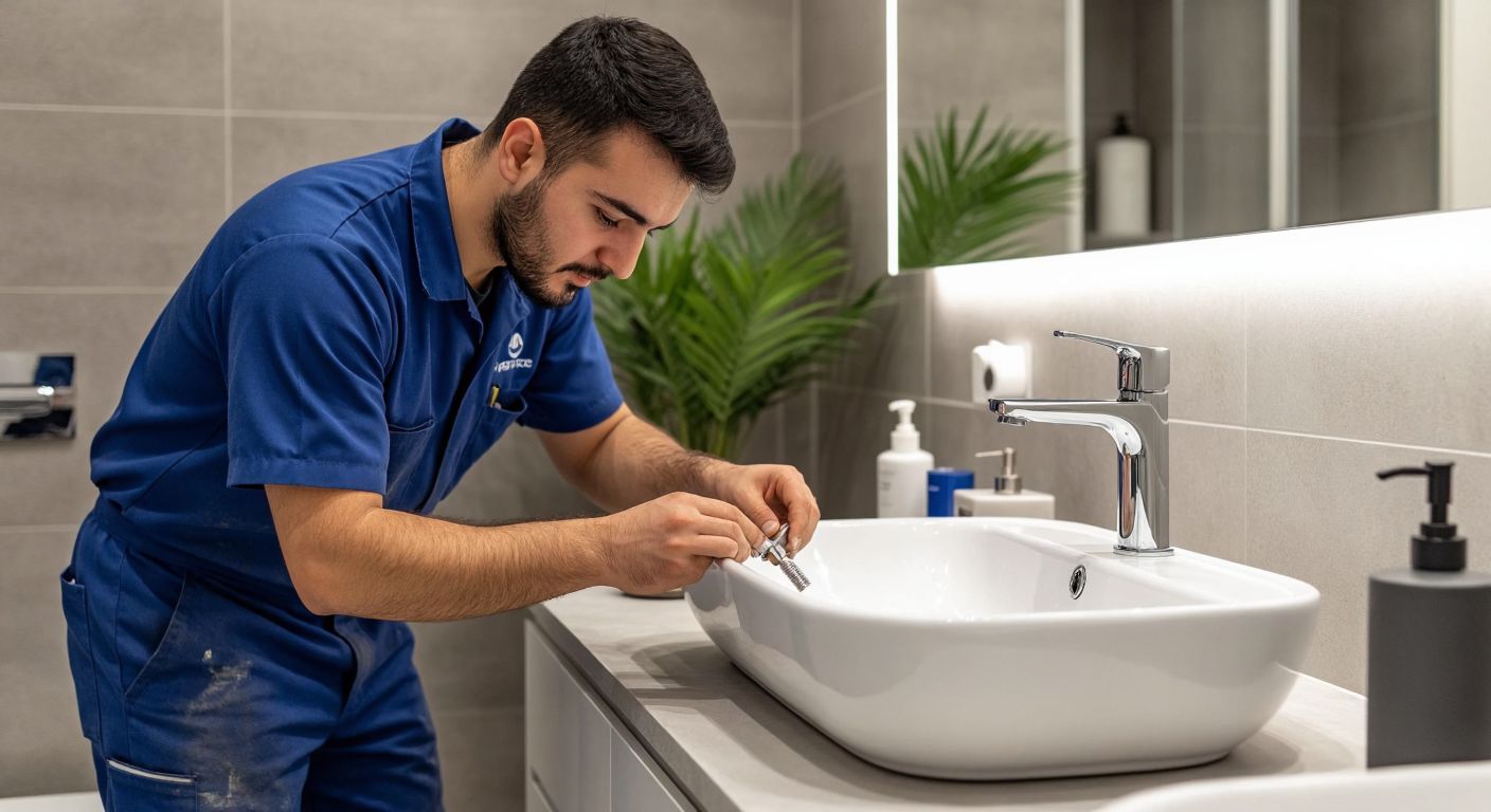 A Turkish technician in a blue uniform repairs a sleek white Vitra sink while an Artema faucet gleams beside it, both set against a modern bathroom backdrop.