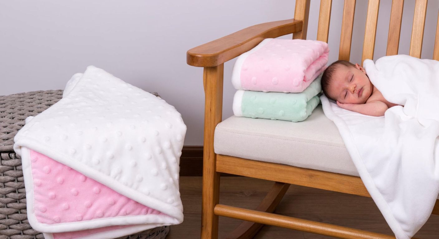 A cozy nursery in Turkey with three neatly folded baby blankets of different sizes (70x90 cm, 90x120 cm, and 120x150 cm) arranged on a wooden rocking chair, next to a sleeping newborn wrapped in a soft pastel-colored blanket.