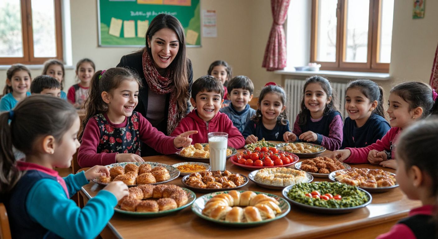 A cheerful Turkish classroom with children smiling around a table filled with colorful local dishes like simit, baklava, and ayran, while a teacher gestures toward the food.