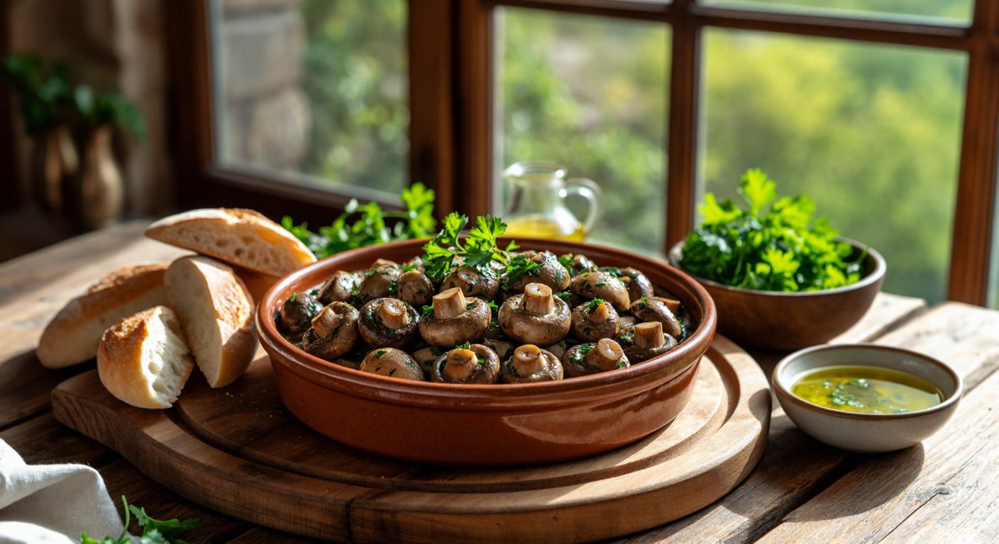 A rustic wooden table in a sunlit Turkish kitchen holds a steaming ceramic dish of olive oil-sautéed mushrooms garnished with fresh parsley, surrounded by slices of crusty bread and a small bowl of garlic-infused olive oil.