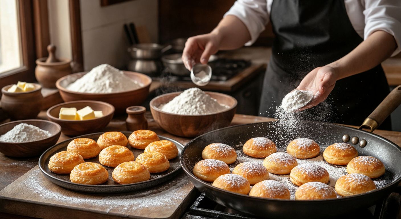 A warm Turkish kitchen scene with golden-brown benye pastries frying in a deep pan, surrounded by bowls of flour, melted butter, and sugar, while a smiling cook dusts the freshly fried pastries with powdered sugar.