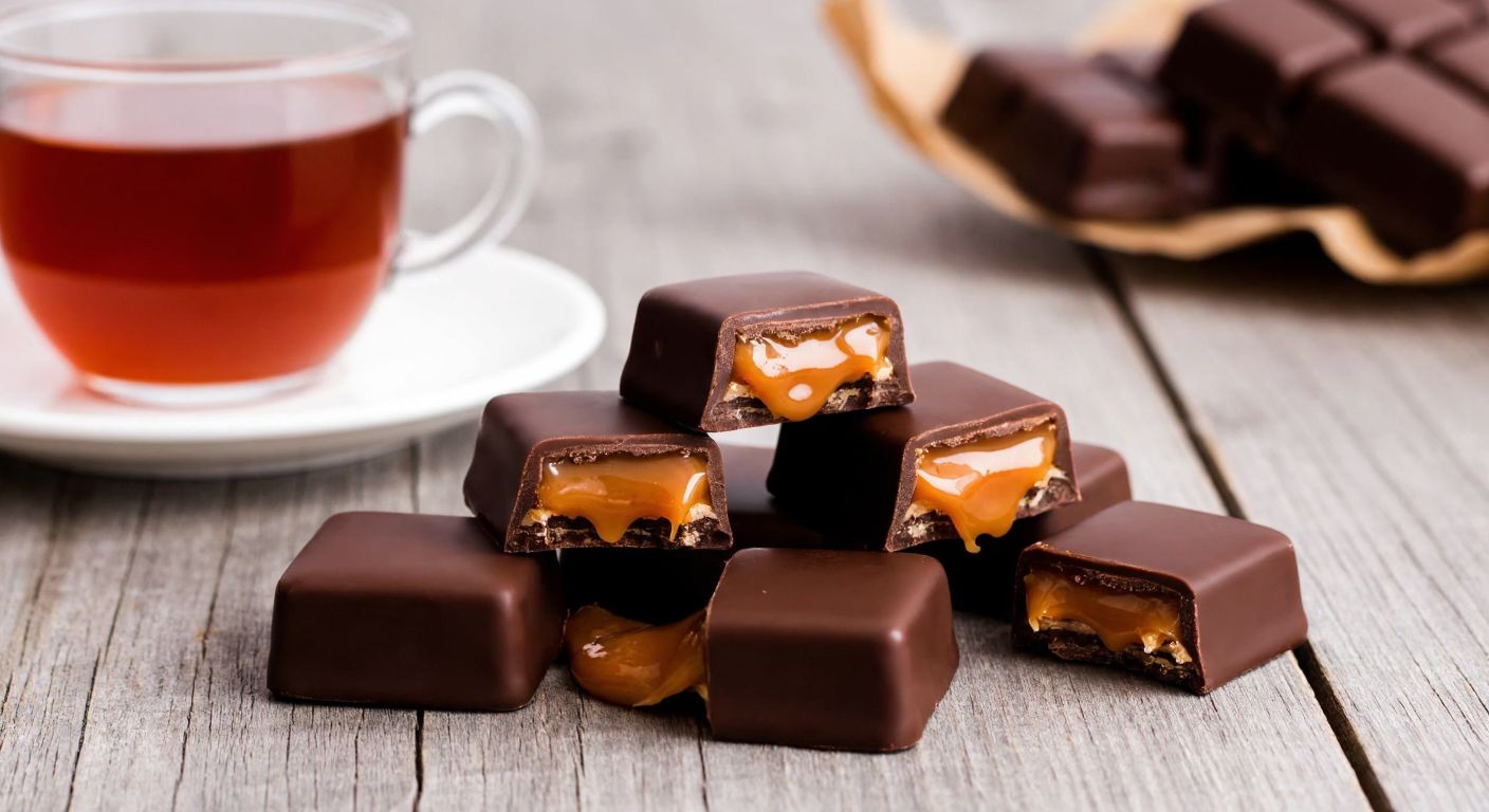 A neatly arranged stack of square Turkish chocolates with glossy caramel oozing from their centers, placed on a rustic wooden table beside a steaming cup of Turkish tea.