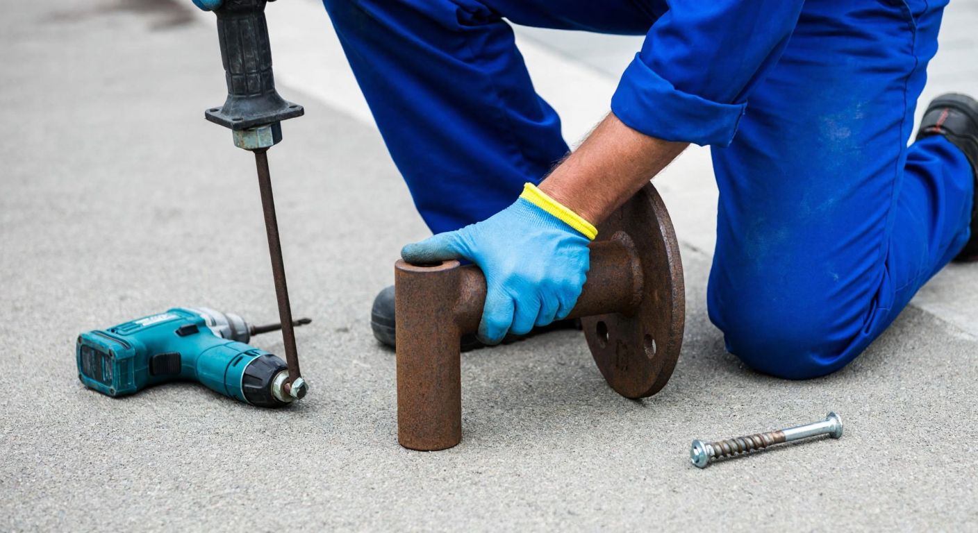 A worker in a blue jumpsuit and safety gloves firmly secures a heavy iron bollard to a concrete pavement using steel screws and anchors, with a drill lying nearby on the rough gray surface.