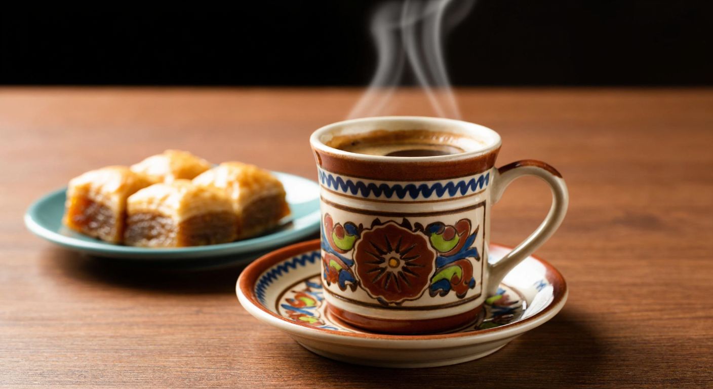 A warm, handcrafted ceramic coffee cup with intricate Turkish patterns sits on a wooden table beside a small plate of baklava, steam gently rising from the cup.