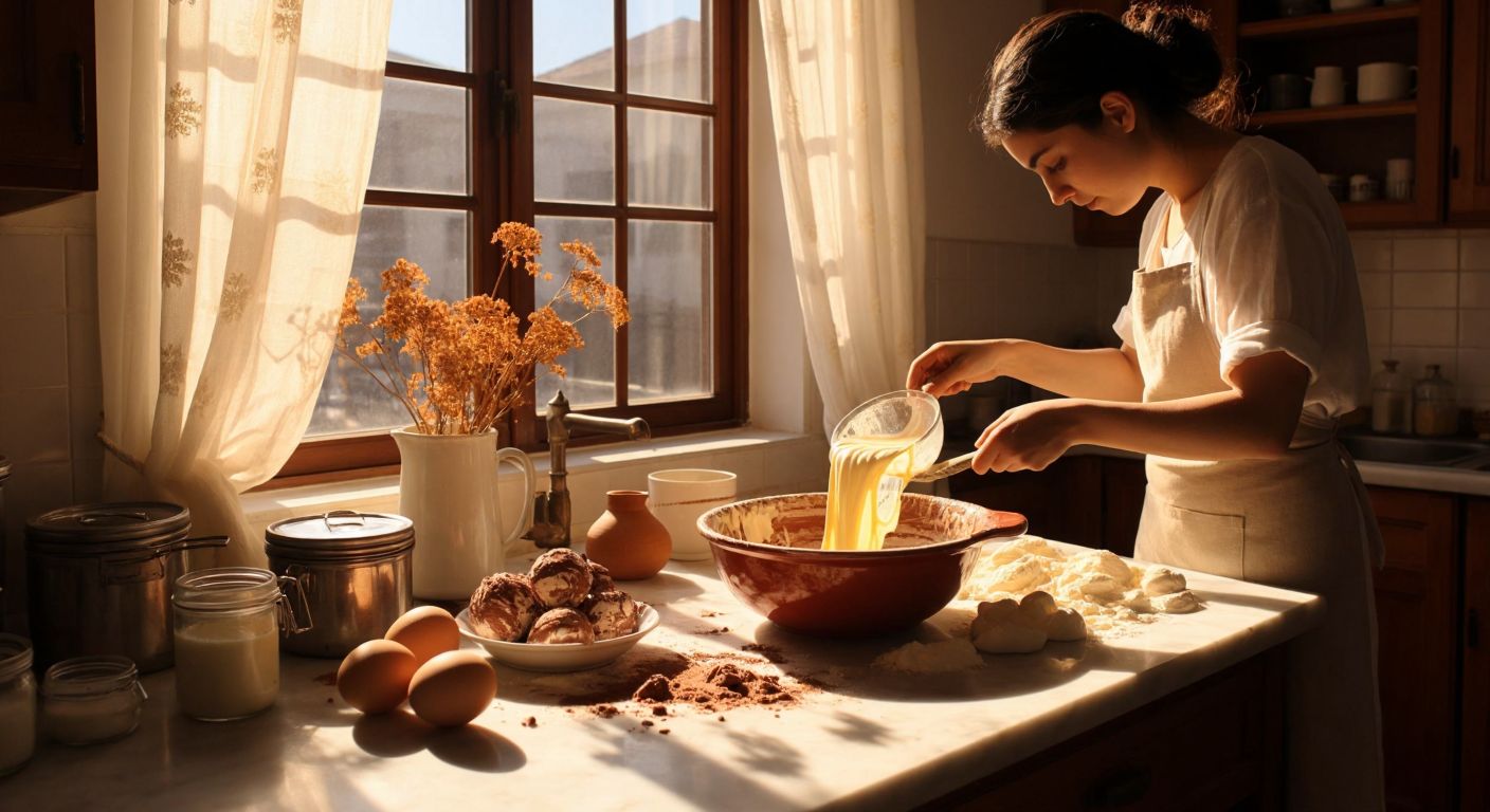 A warm Turkish kitchen with a marble countertop covered in baking ingredients—melted chocolate, butter, eggs, and flour—while a pair of hands mixes brownie batter in a ceramic bowl, sunlight streaming through lace curtains.