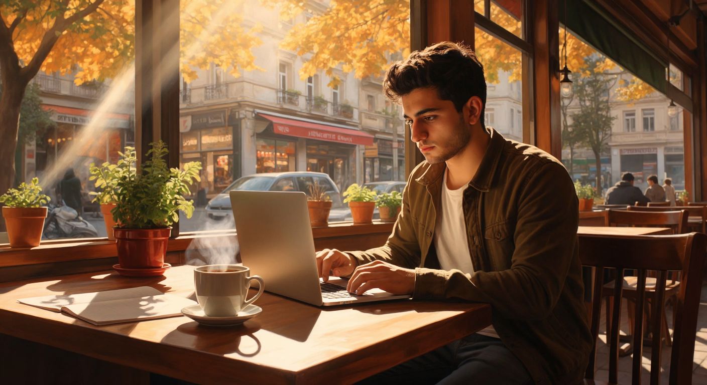 A thoughtful young Turkish person sits at a wooden table in a sunlit café, browsing political ideology quizzes on a laptop, with a steaming cup of çay and a notebook beside them.