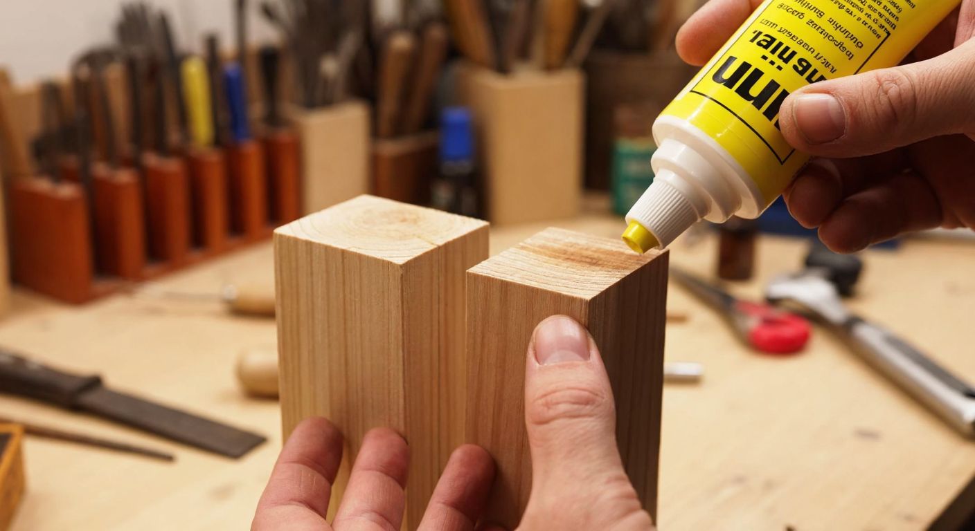 A close-up of a hand holding a UHU glue tube over two wooden pieces being joined, with a warm Turkish workshop in the background filled with scattered craft tools and half-finished wooden projects.