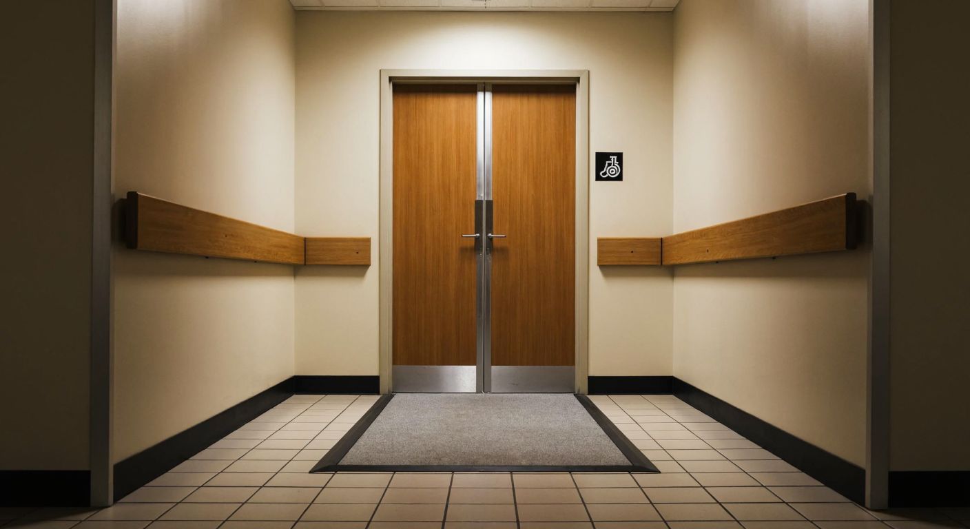 A wide, outward-opening door with a wheelchair symbol, set in a clean, tiled corridor with a gentle ramp leading to it.