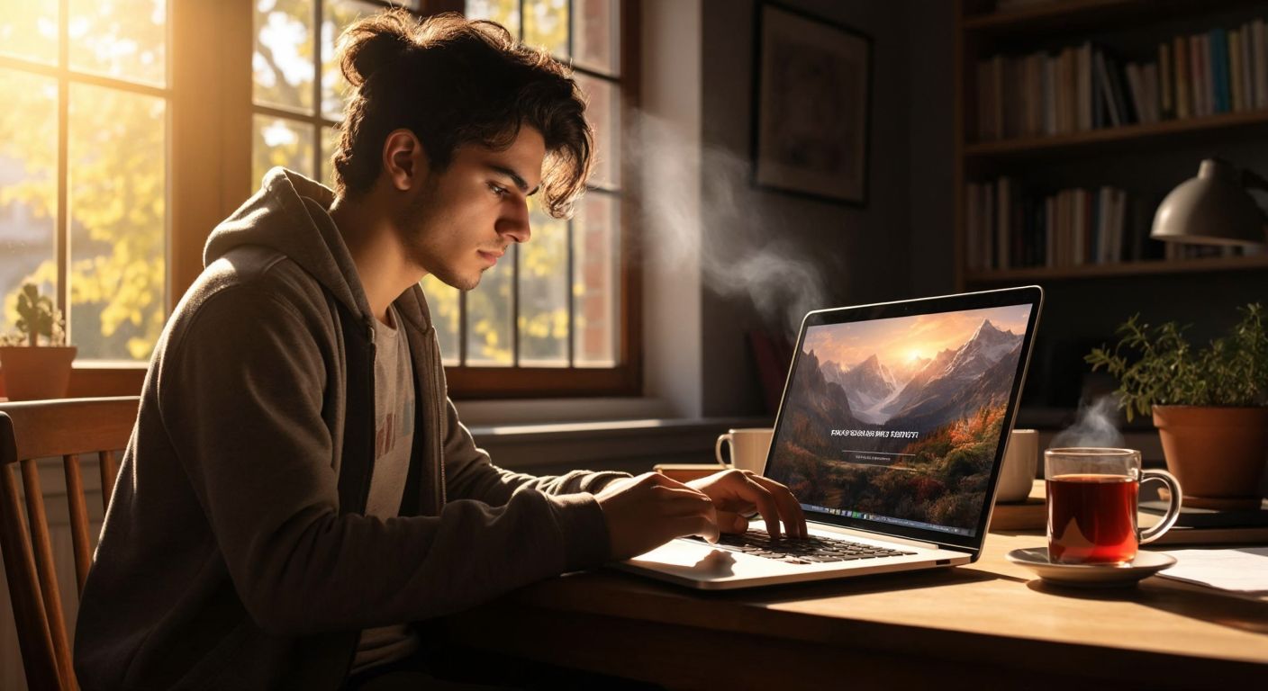 A young Turkish student with focused eyes sits at a wooden desk in a sunlit study room, typing on a laptop with a steaming cup of Turkish tea beside them, while a digital exam interface glows on the screen.