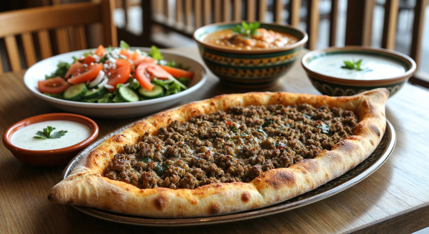 A steaming golden **kıymalı pide** on a wooden table, surrounded by small bowls of **ayran**, a vibrant **çoban salata**, a plate of **turşu**, a creamy **cacık**, and a warm bowl of **mercimek çorbası**, with a spoonful of **sütlaç** in the background.