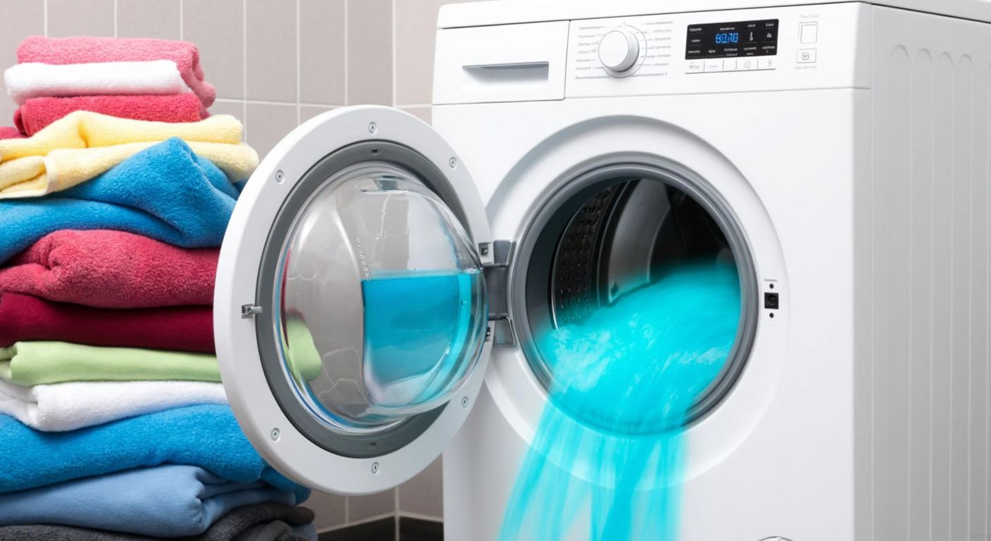 A modern white Bosch washing machine with a transparent detergent dispenser attached, showing blue liquid detergent evenly dispersing into the drum, surrounded by neatly folded, colorful laundry in a bright Turkish laundry room with tiled walls.