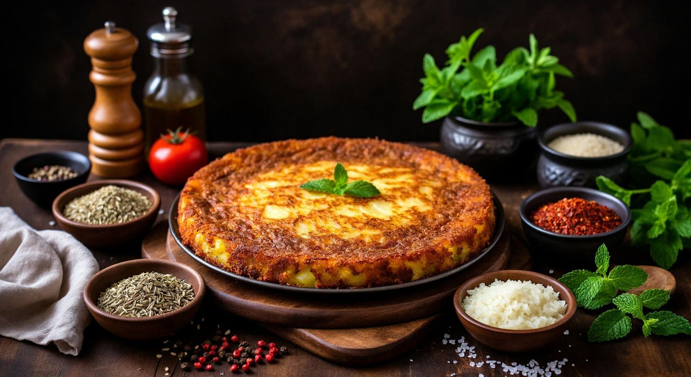 A rustic Turkish kitchen table with a golden-brown potato cake, surrounded by small bowls of cumin, dried mint, red pepper flakes, fennel seeds, and sesame seeds, evoking warmth and savory aroma.