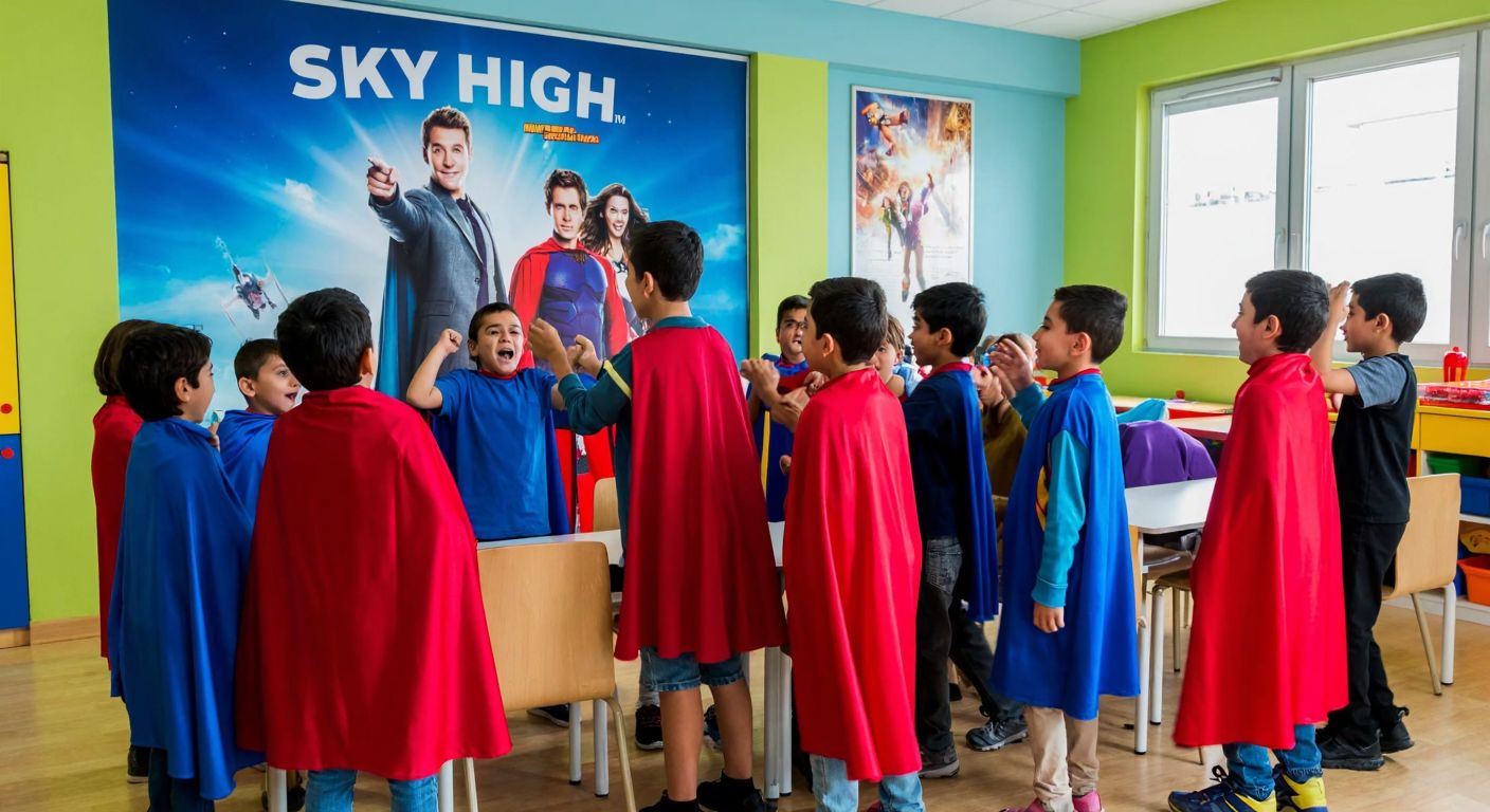 A group of excited Turkish children, aged around 7-12, wearing superhero capes, gathered in a colorful classroom with a large movie poster of "Sky High" on the wall.