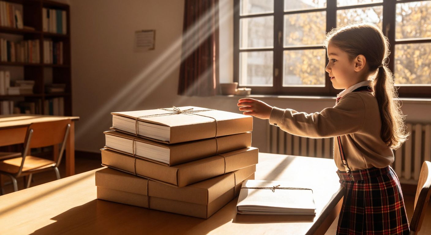 A stack of new Turkish textbooks wrapped in brown paper sits on a wooden desk in a sunlit classroom, with an eager young student in a school uniform reaching out to take one.