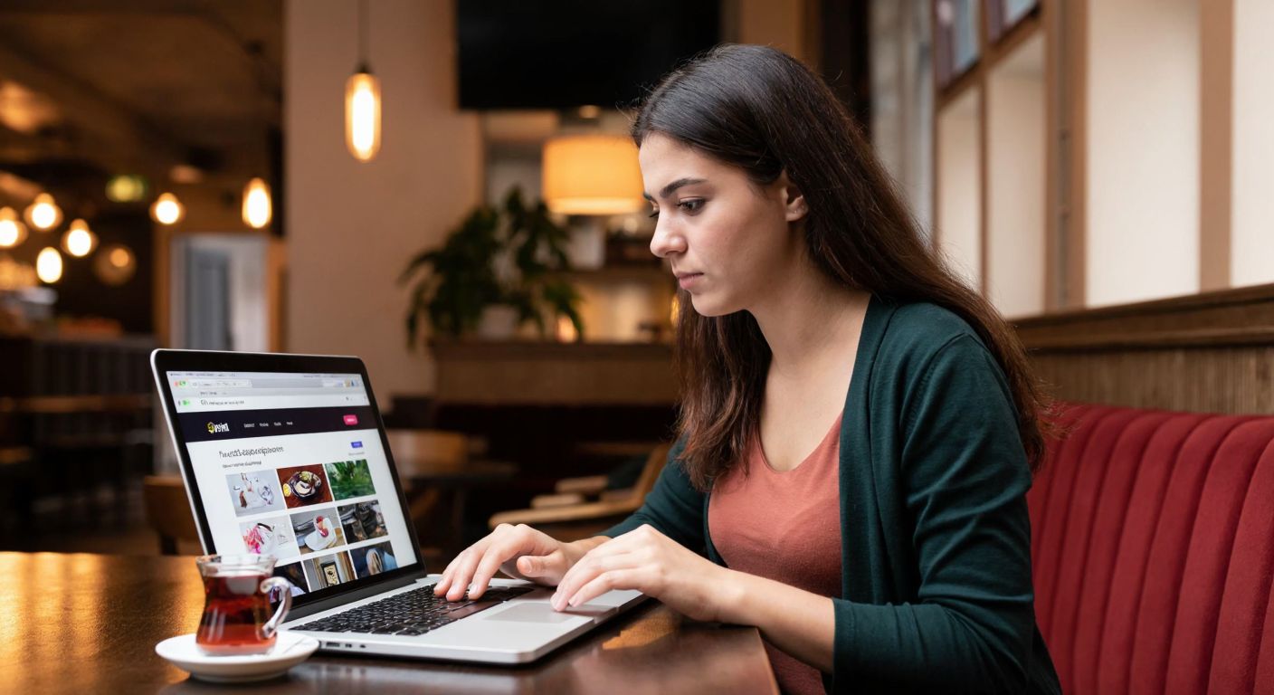 A young Turkish woman with a focused expression sits at a laptop in a cozy café, browsing Udemy's website with a colorful course selection on the screen, while a steaming cup of Turkish tea rests beside her.