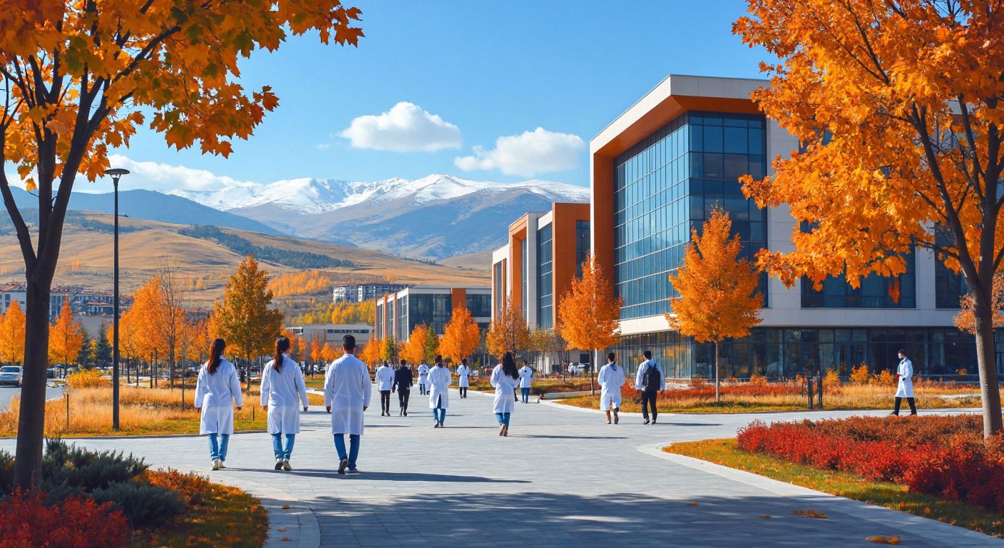 A vibrant university campus in Eastern Turkey, with students in lab coats and scrubs walking past modern engineering buildings and a dentistry clinic, surrounded by autumn foliage and the distant silhouette of mountains.