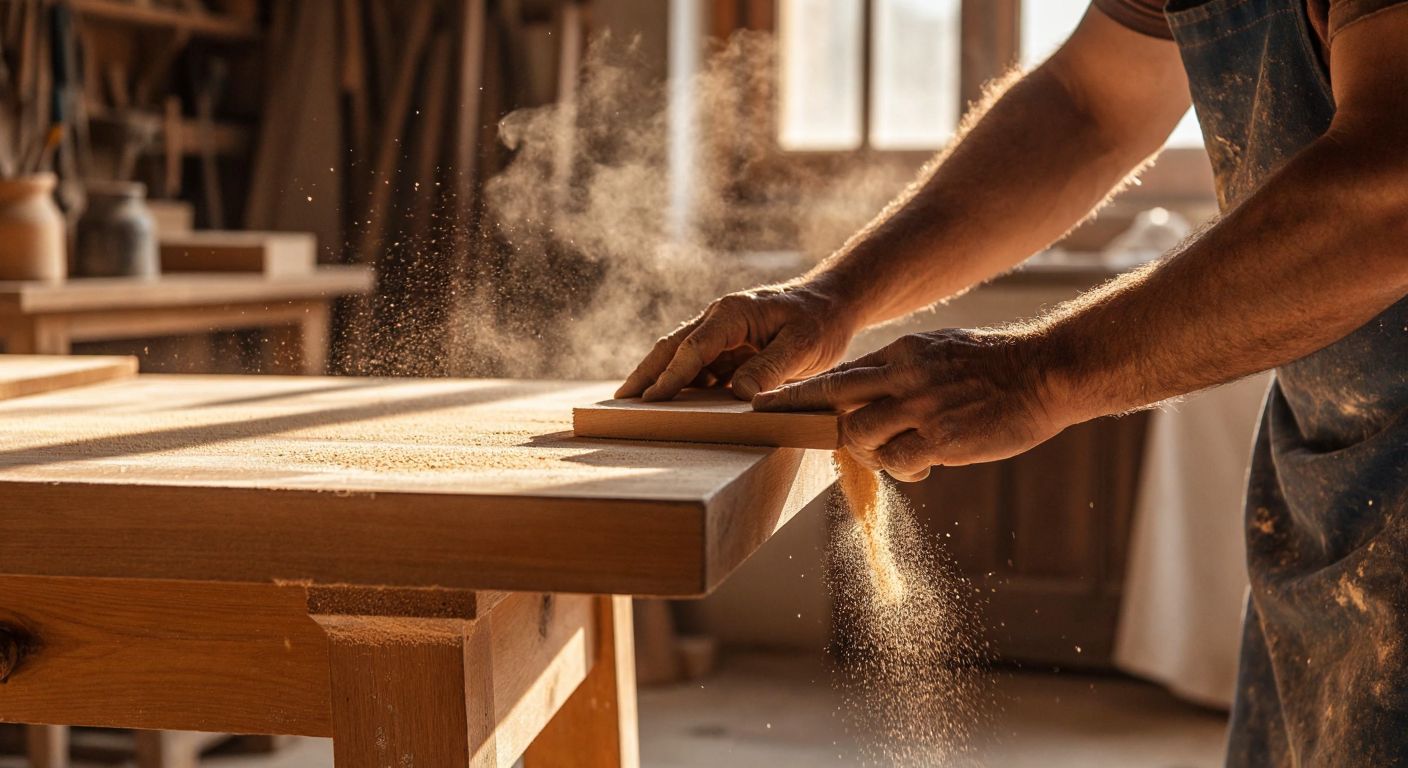 A craftsman’s hands carefully sanding a glossy wooden table with a worn piece of sandpaper, wood dust floating in the sunlight near a traditional Turkish workshop.