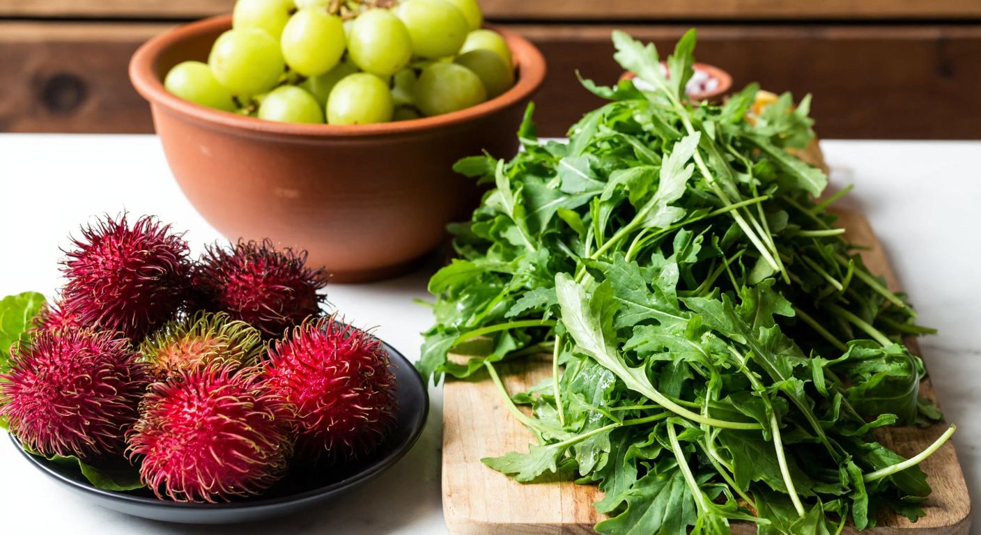 A vibrant wooden table in a Turkish kitchen displays a colorful assortment of rambutan, fresh roka leaves, rezene sprigs, and Razaki grapes, with a rustic clay bowl of radika otu nearby.