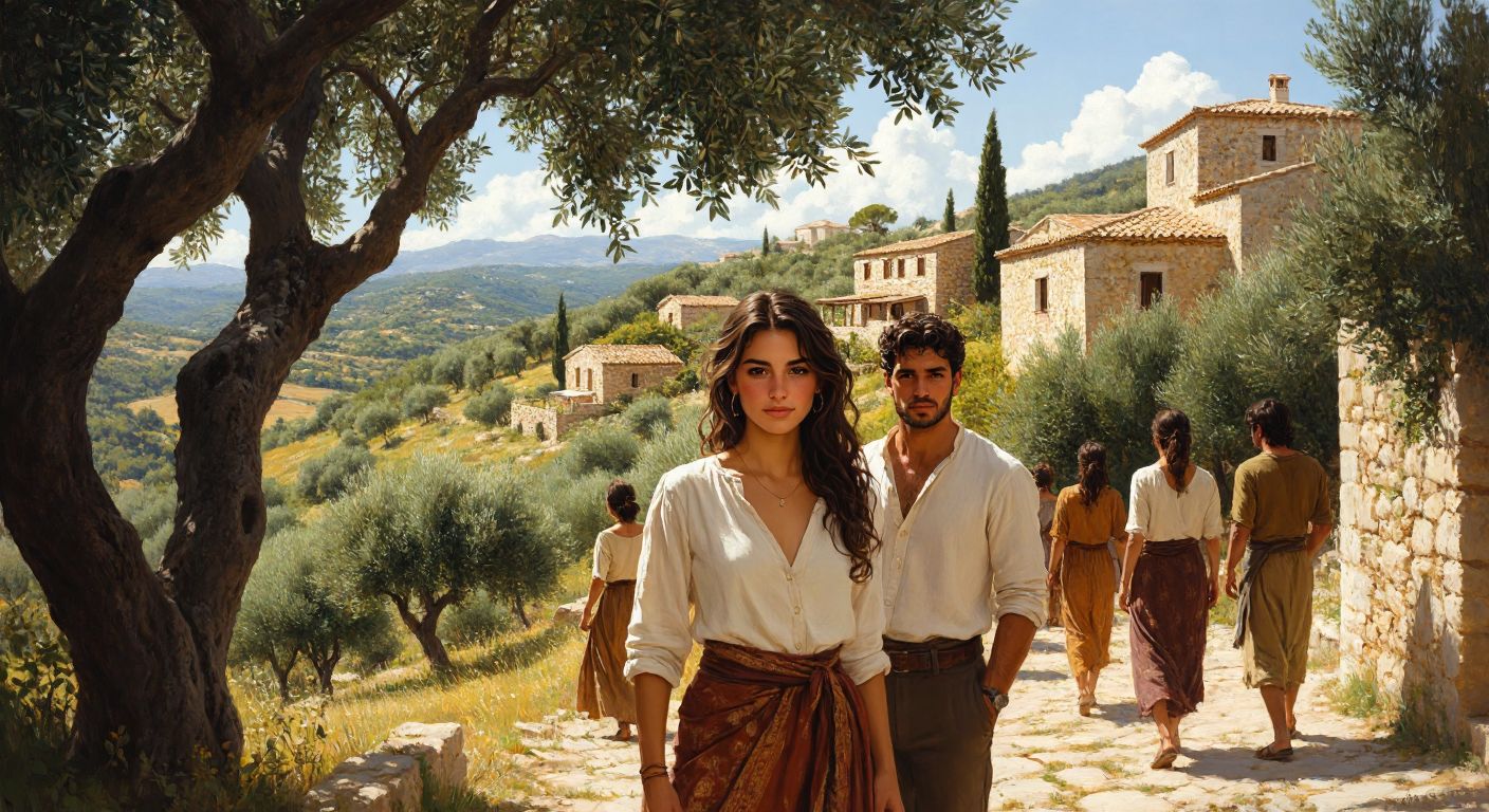 A sunlit Mediterranean landscape with a group of people featuring light brown skin, wavy dark brown hair, and medium builds, standing near olive trees and traditional stone houses.