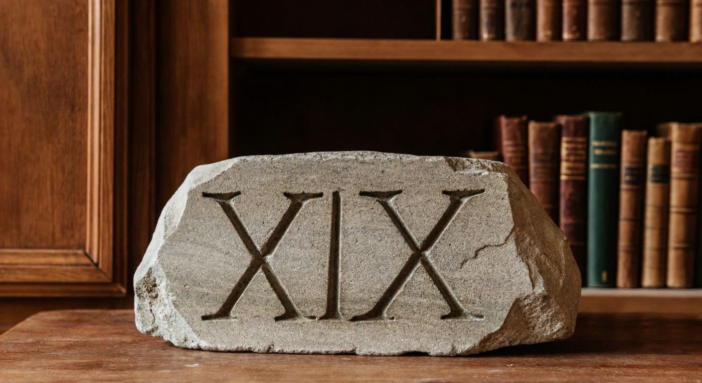 A weathered stone tablet with the Roman numeral "XIX" carved deeply into its surface, resting against a backdrop of an antique Turkish library with wooden shelves and old leather-bound books.