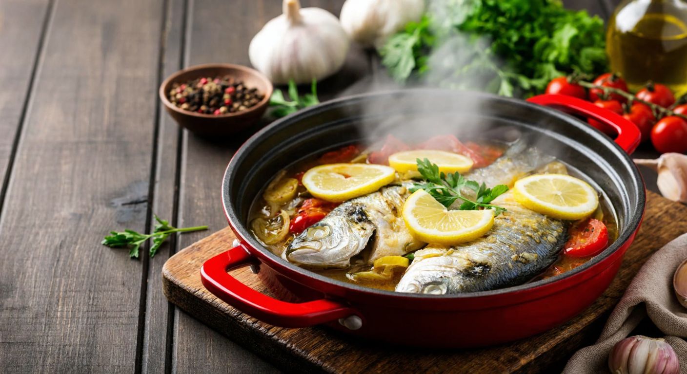 A steaming pot of freshly cooked fish buğlama, garnished with lemon slices and fresh herbs, sits on a rustic wooden table in a Turkish kitchen, with a selection of spices and olive oil nearby.