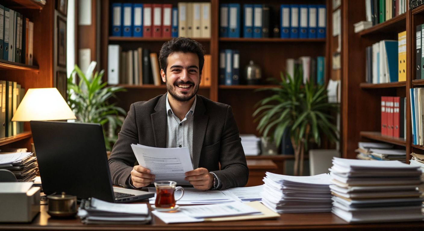 A Turkish entrepreneur in a small, bustling office smiles while reviewing documents, surrounded by shelves of files and a steaming cup of Turkish tea, embodying the relief of confirming their business qualifies as a KOBİ.
