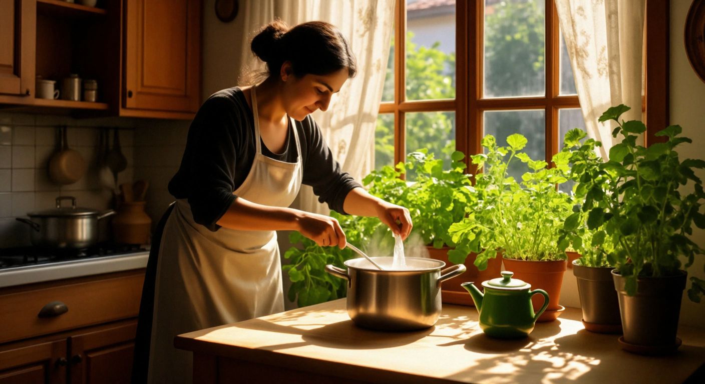 A Turkish woman in a sunlit kitchen carefully pours cooled potato boiling water from a pot into a watering can, surrounded by vibrant green plants on a wooden table.