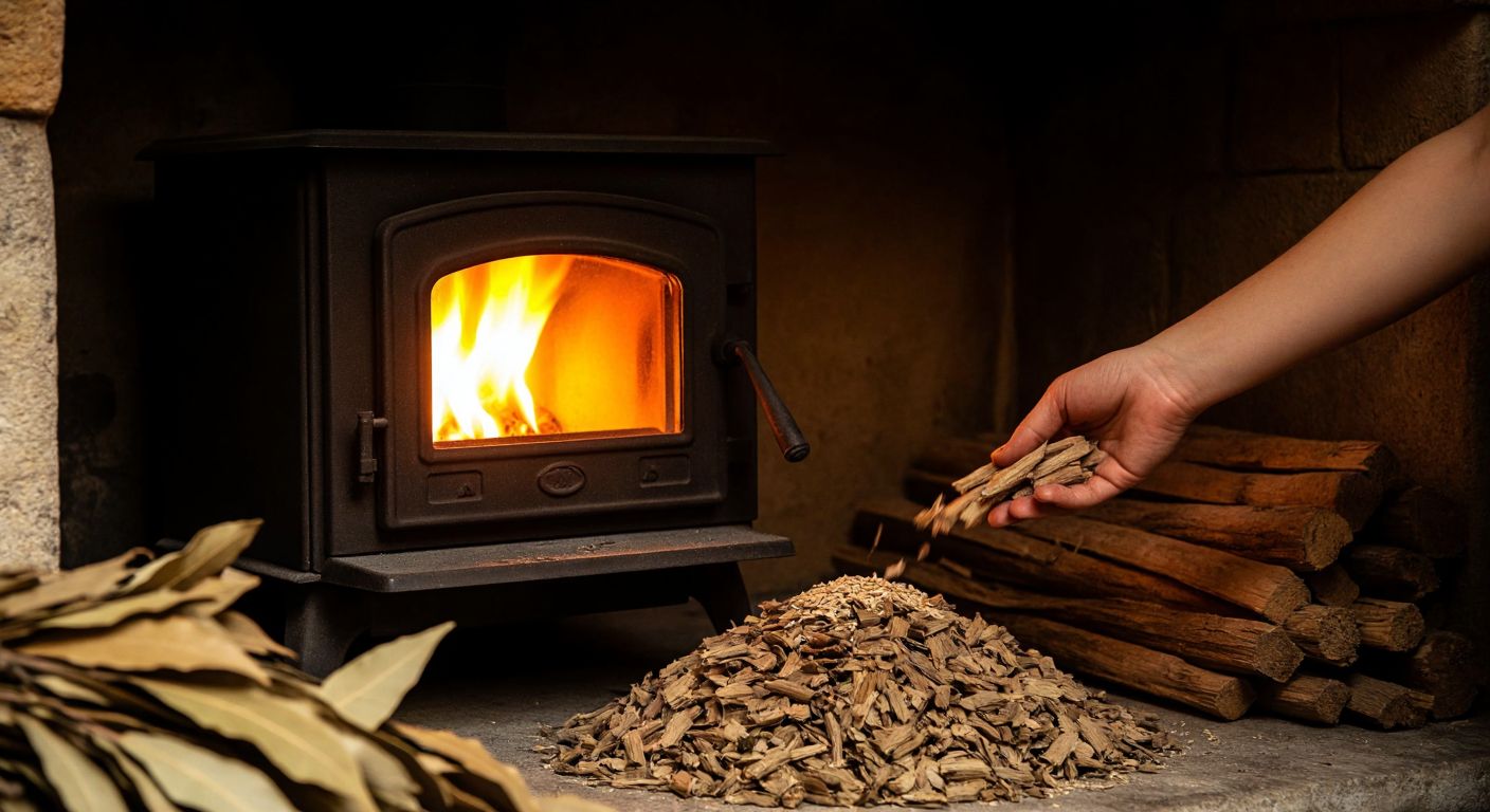 A rustic Turkish home with a warm pellet stove glowing orange, surrounded by bundles of dried bay leaves and wood chips, while a hand places a bay leaf pellet into the fire.