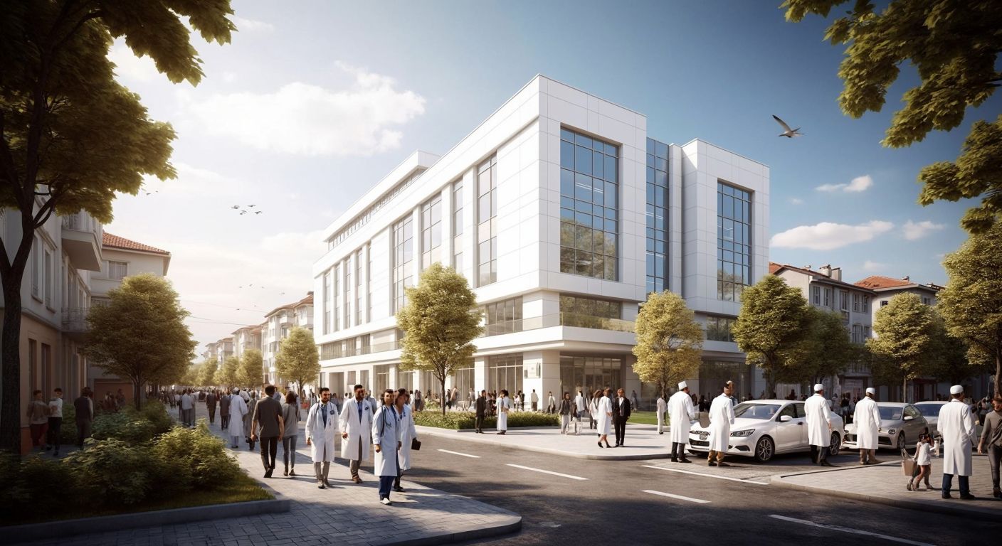 A modern hospital building in Istanbul with a clean white facade, surrounded by a bustling street in the Samatya district, where a diverse group of people—doctors in white coats, patients, and visitors—move purposefully, reflecting unity and efficiency.