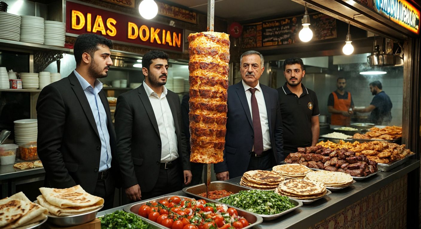 A bustling Turkish döner shop with a golden-brown rotating meat spit, surrounded by three serious-looking businessmen in suits—one middle-aged, one younger, and one elderly—standing near a counter with fresh lavash bread and colorful salads.