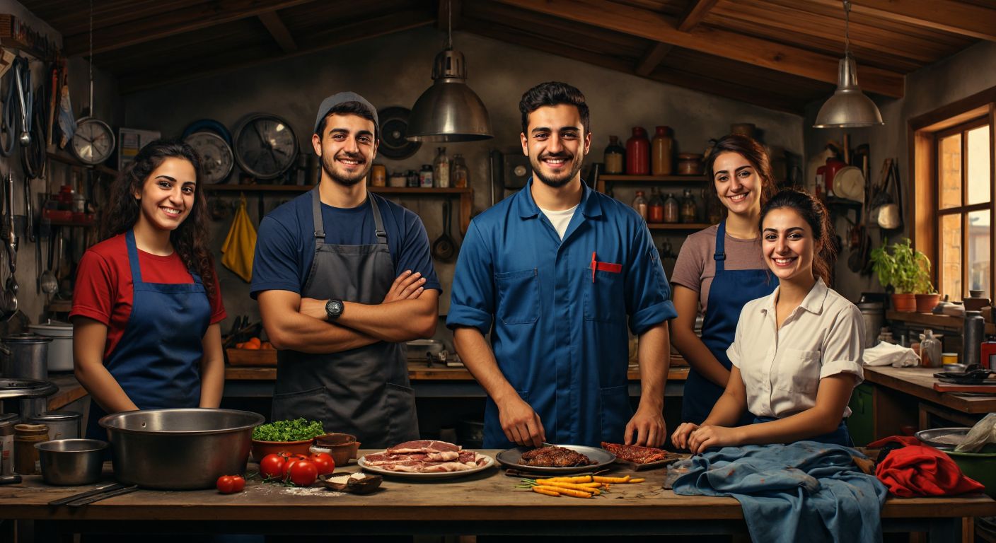 A diverse group of young Turkish adults in work uniforms—a mechanic in a garage, a chef preparing kebabs in a kitchen, a seamstress sewing fabric, and an accountant at a desk—each smiling confidently in their respective workplaces.